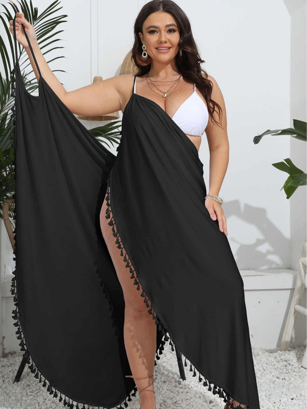 LADIES PLUS SIZE ONE PIECE BEACHWEAR DRESS BLACK / WHITE (SIZE L - 3XL)