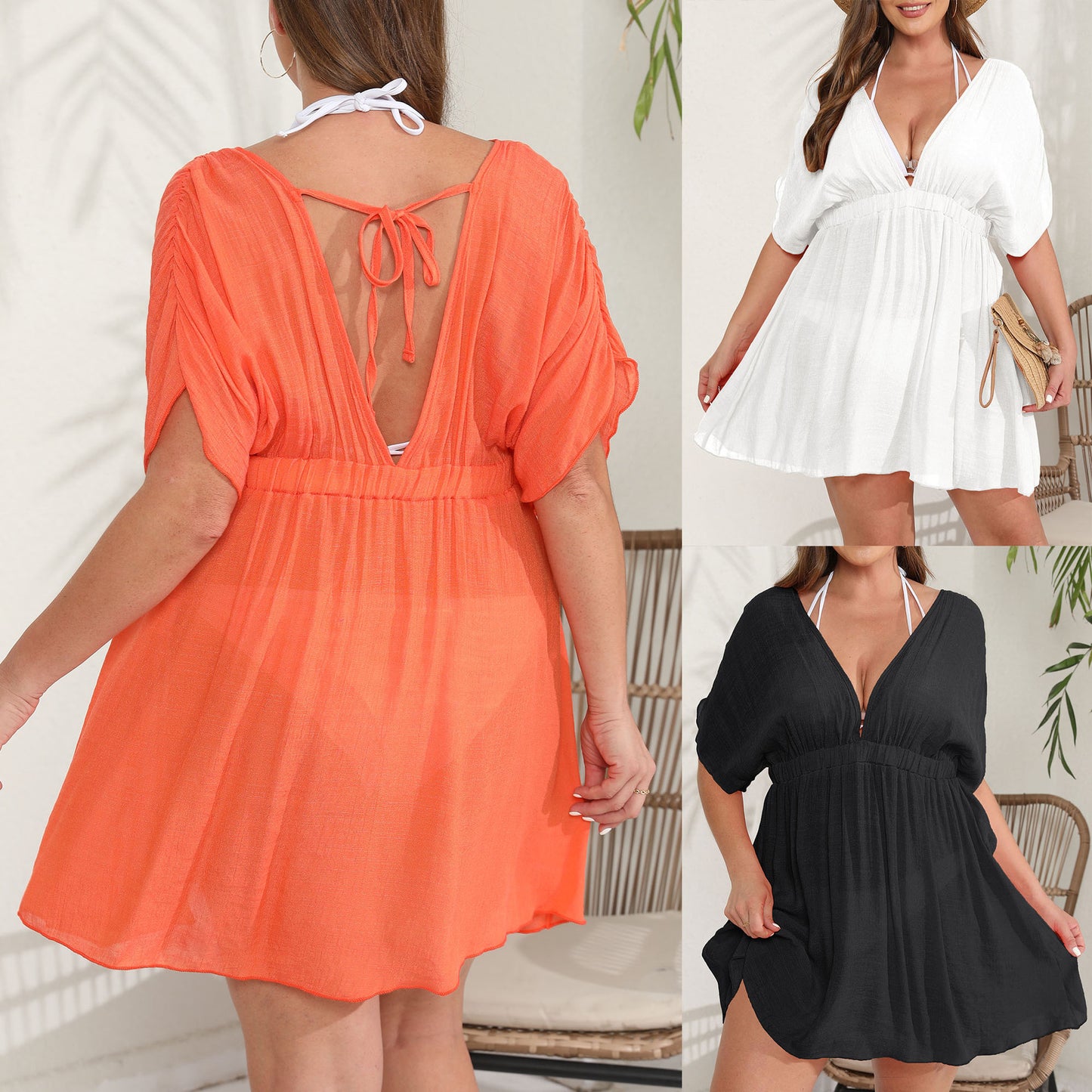 LADIES PLUS SIZE BACKLESS BEACHWEAR DRESS ORANGE / WHITE / BLACK (SIZE L - 3XL)