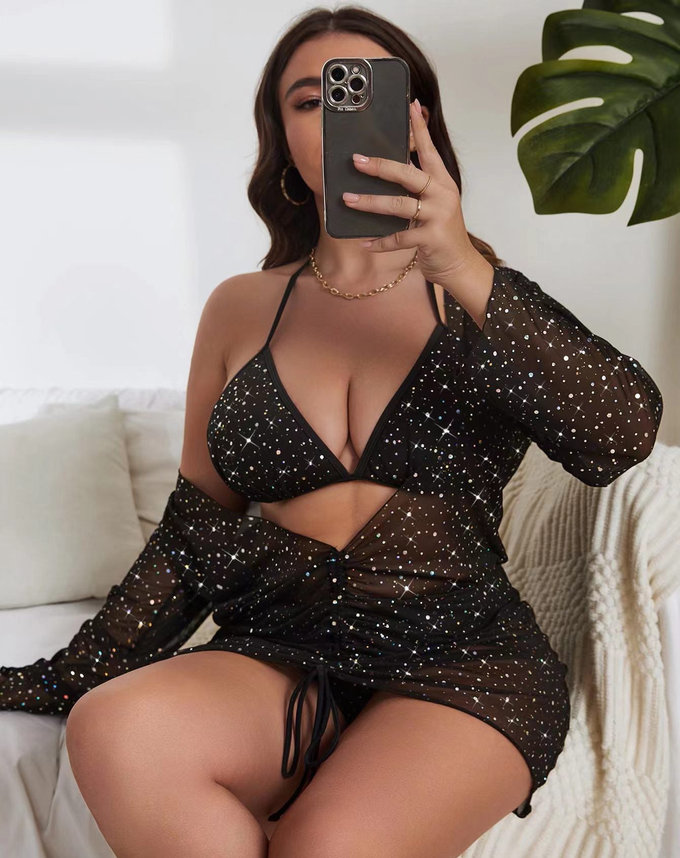 LADIES PLUS SIZE TWO PIECE MESH BIKINI SET BLACK (SIZE L - 5XL)