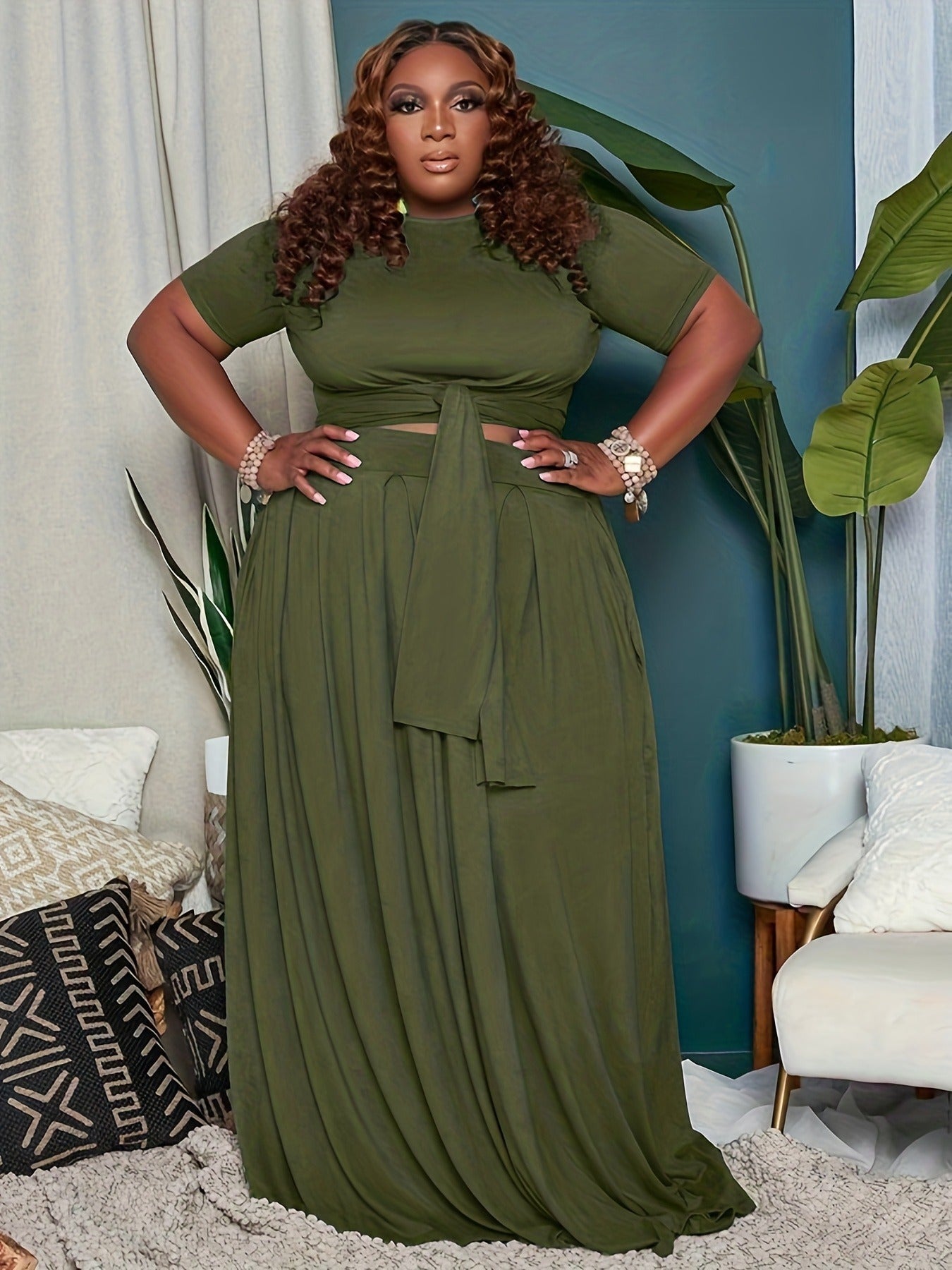 LADIES PLUS SIZE TWO PIECE SKIRT SET GREEN (SIZE XL - 5XL)