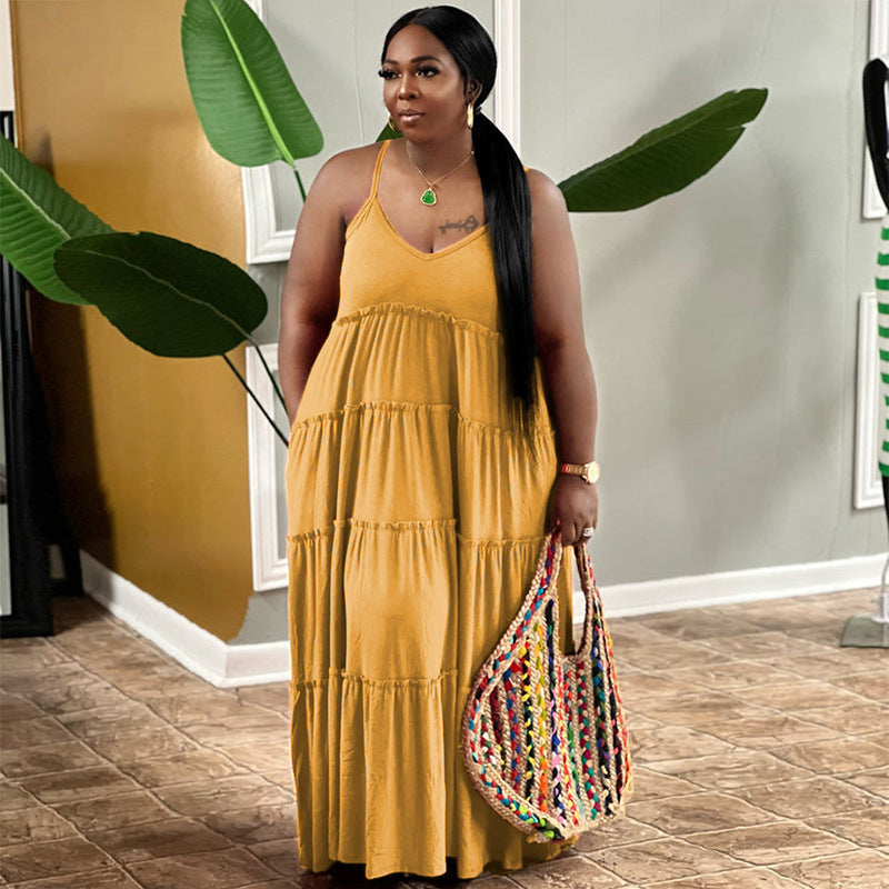 LADIES PLUS SIZE LONG DRESS BLACK / GREEN / PINK / YELLOW / BLUE / RED (SIZE XL - 5XL)