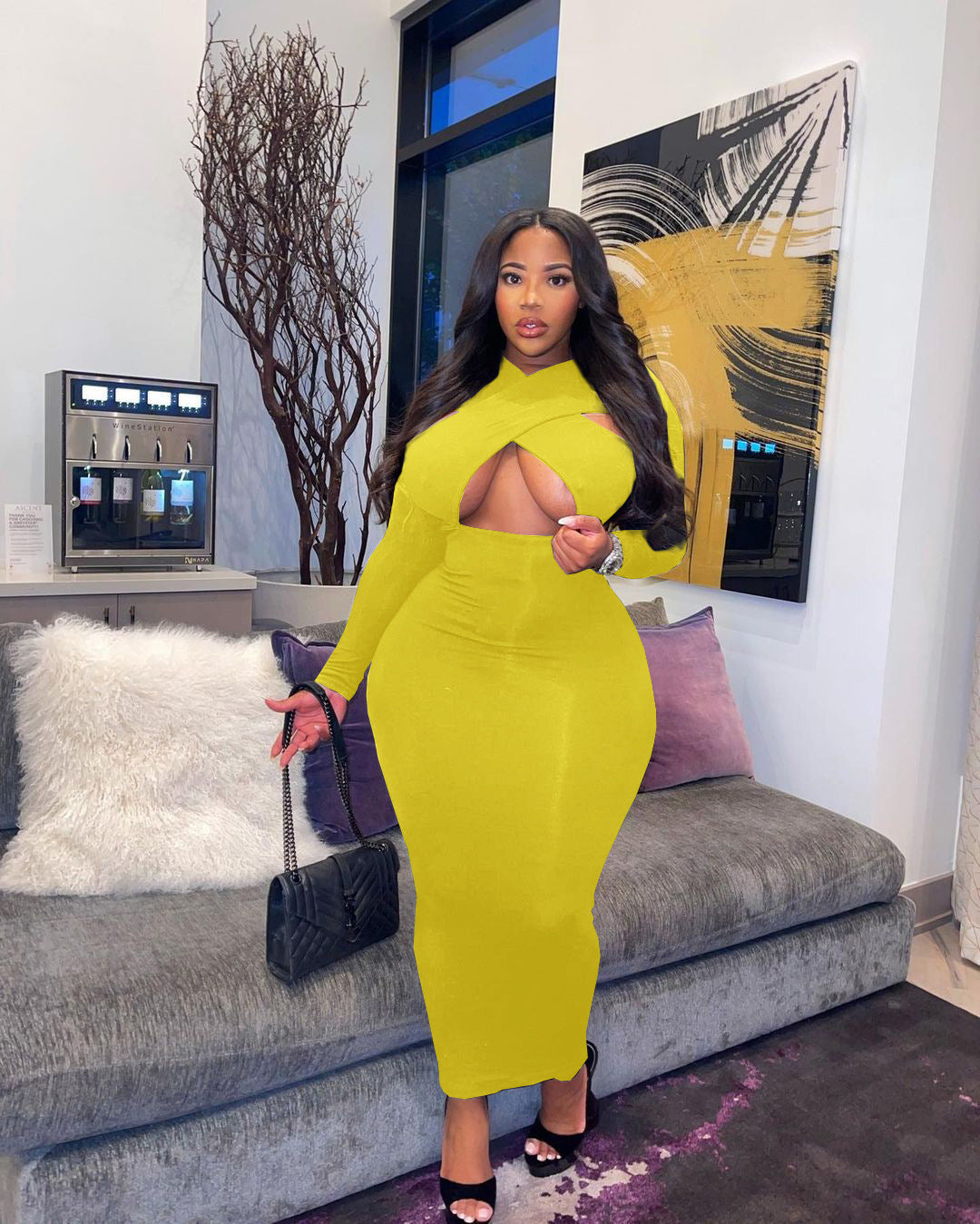 LADIES PLUS SIZE LONG SLEEVE DRESS YELLOW / RED / BLACK / BLUE (SIZE L - 4XL)