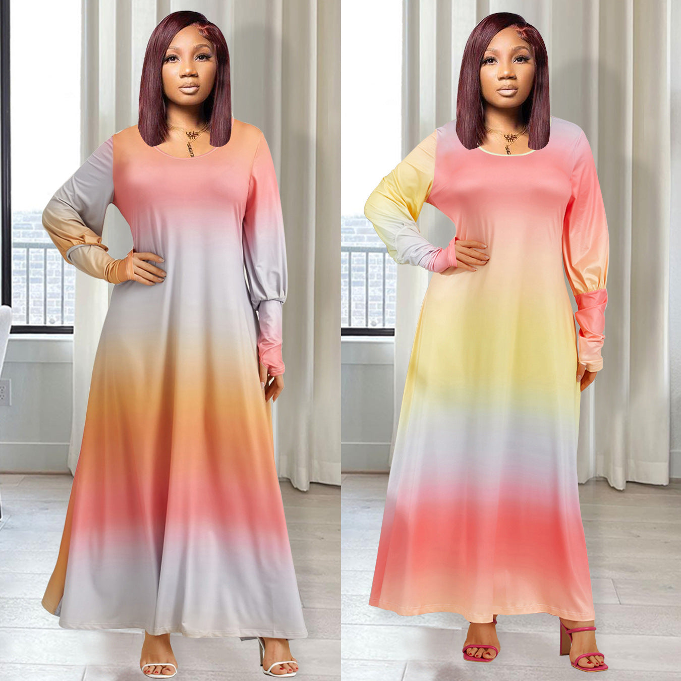 LADIES PLUS SIZE LONG SLEEVE DRESS YELLOW / ORANGE (SIZE L - 4XL)