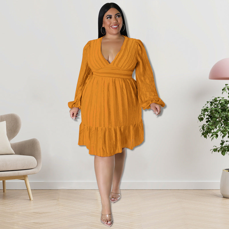 LADIES PLUS SIZE LONG SLEEVE DRESS BLACK / LIGHT RED / RED / WINE RED / GREEN / ORANGE (SIZE XL - 5XL)