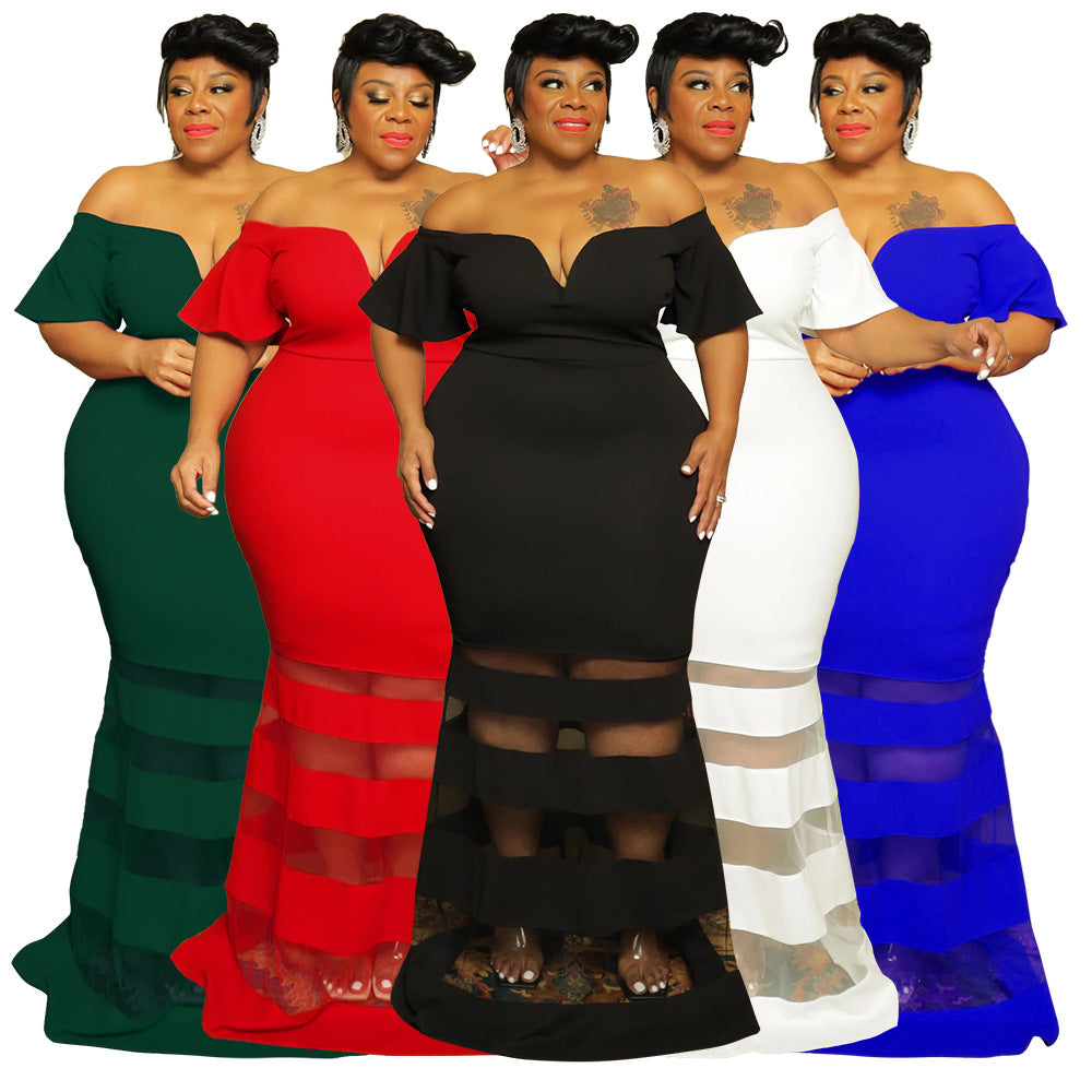 LADIES PLUS SIZE OFF THE SHOULDER DRESS BLACK / WHITE / BLUE / RED / GREEN (SIZE XL - 5XL)