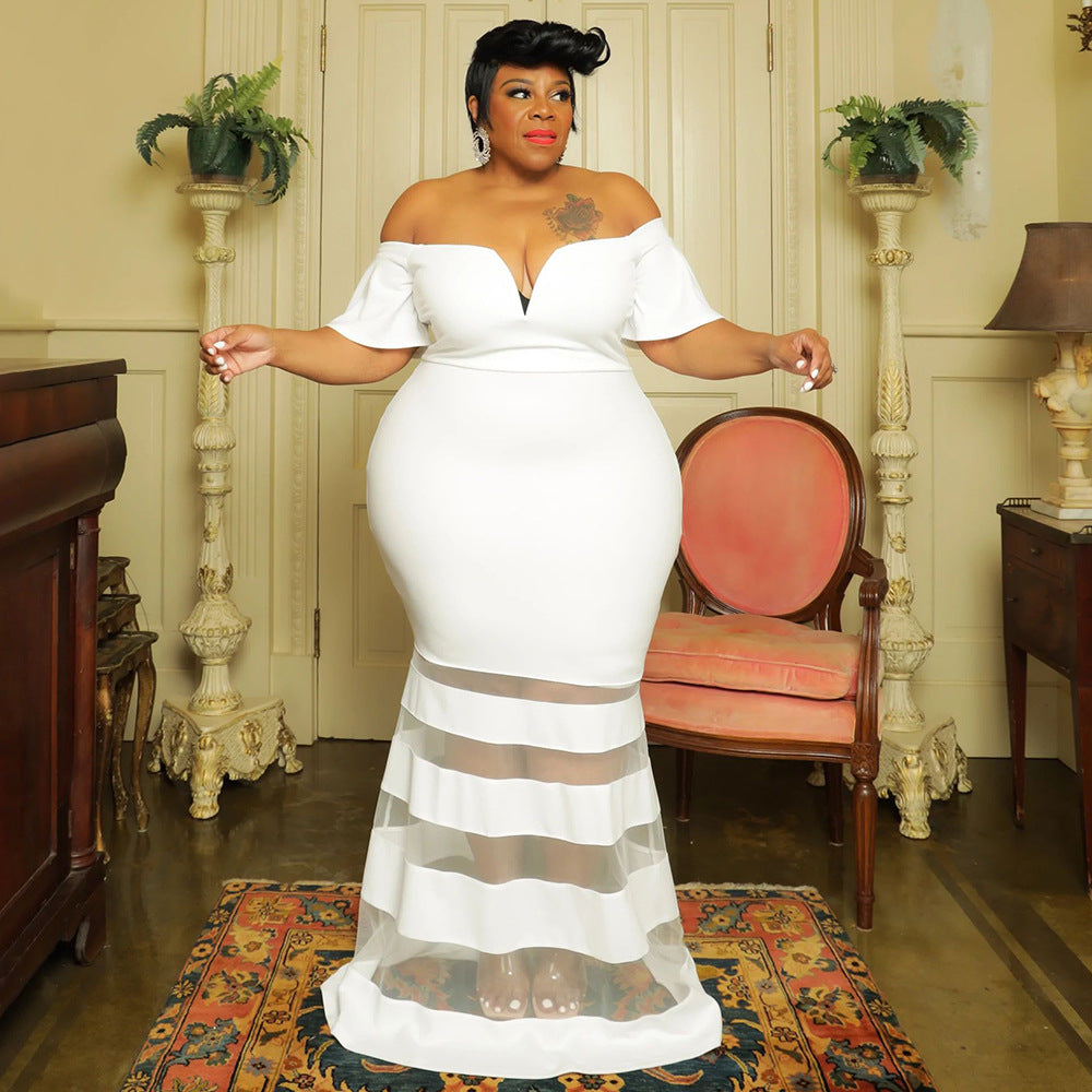 LADIES PLUS SIZE OFF THE SHOULDER DRESS BLACK / WHITE / BLUE / RED / GREEN (SIZE XL - 5XL)