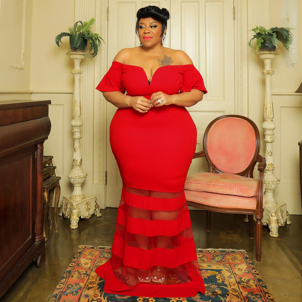 LADIES PLUS SIZE OFF THE SHOULDER DRESS BLACK / WHITE / BLUE / RED / GREEN (SIZE XL - 5XL)