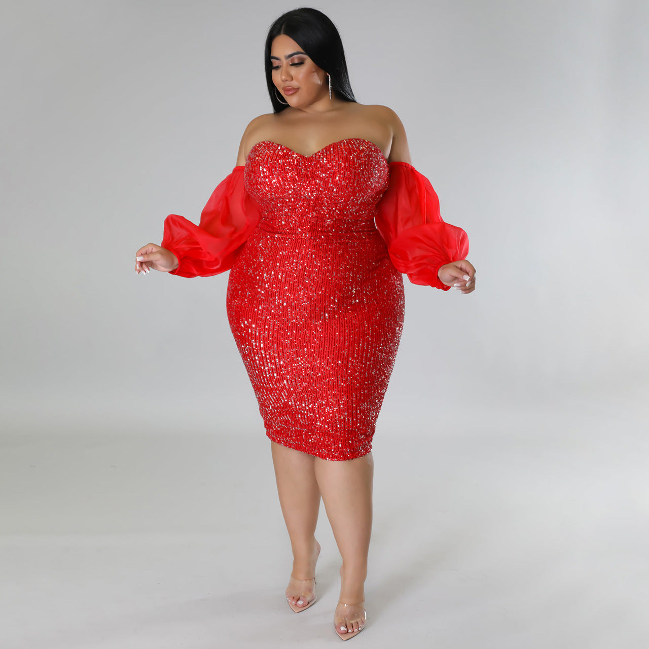 LADIES PLUS SIZE STRAPLESS EVENING DRESS BLACK / RED / CHAMPAGNE / GREEN / BLUE / WINE RED (SIZE L - 5XL)