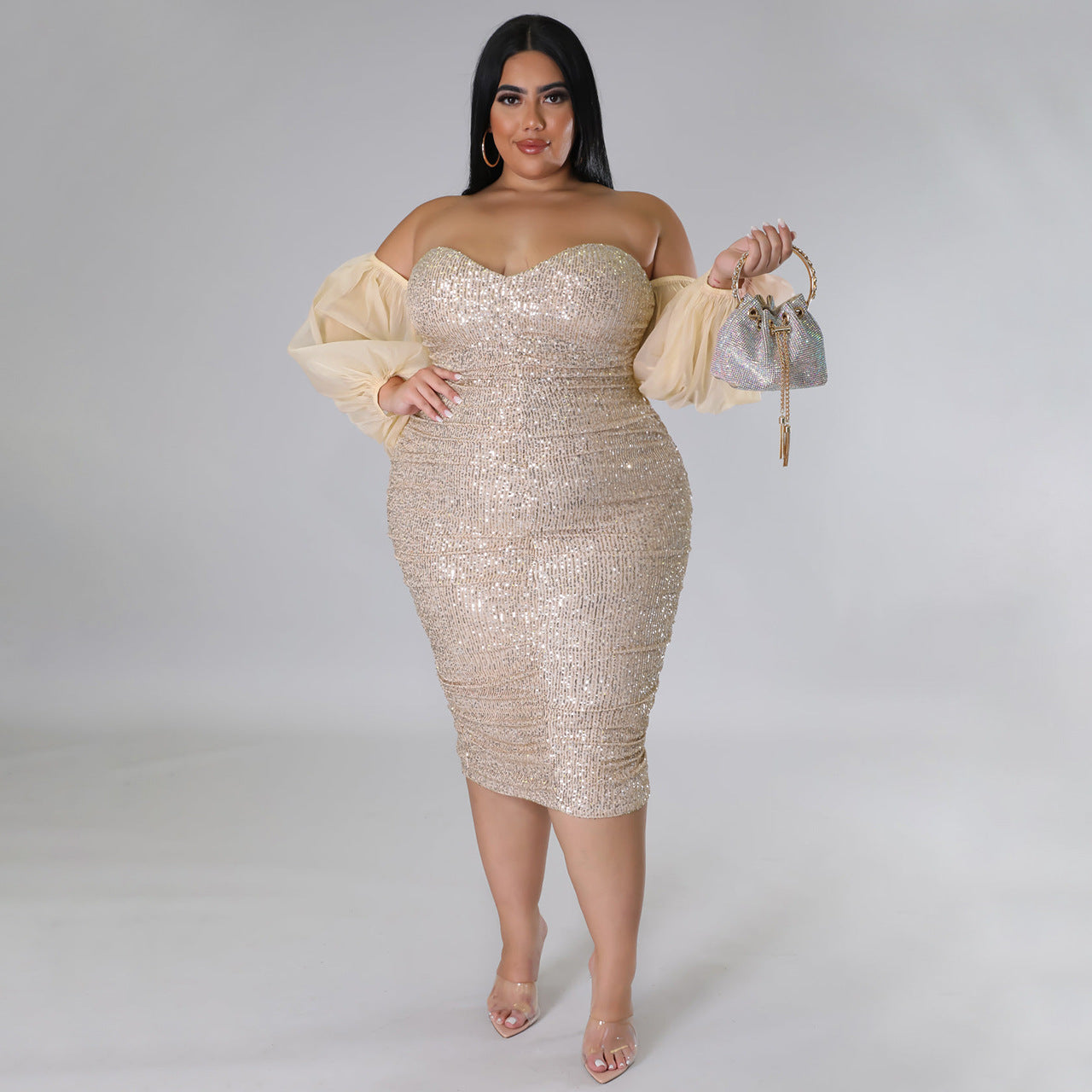 LADIES PLUS SIZE STRAPLESS EVENING DRESS BLACK / RED / CHAMPAGNE / GREEN / BLUE / WINE RED (SIZE L - 5XL)