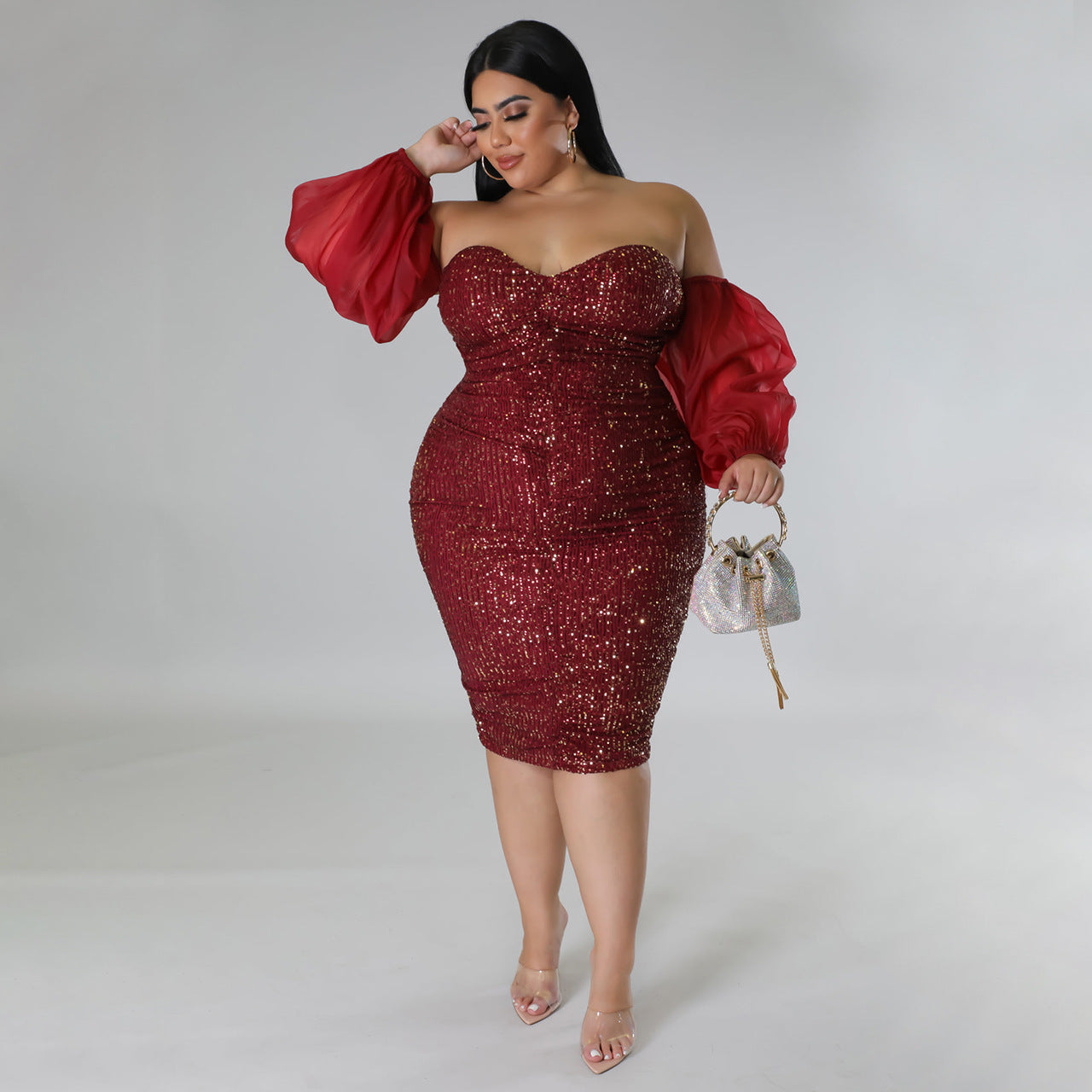 LADIES PLUS SIZE STRAPLESS EVENING DRESS BLACK / RED / CHAMPAGNE / GREEN / BLUE / WINE RED (SIZE L - 5XL)