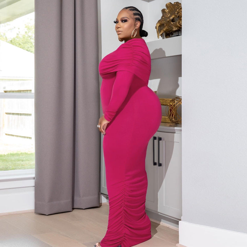 LADIES PLUS SIZE OFF THE SHOULDER DRESS PINK / WINE RED / COFFEE / GREEN (SIZE XL - 5XL)