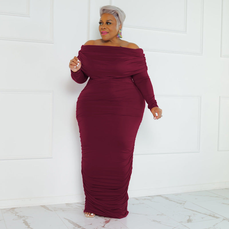 LADIES PLUS SIZE OFF THE SHOULDER DRESS PINK / WINE RED / COFFEE / GREEN (SIZE XL - 5XL)