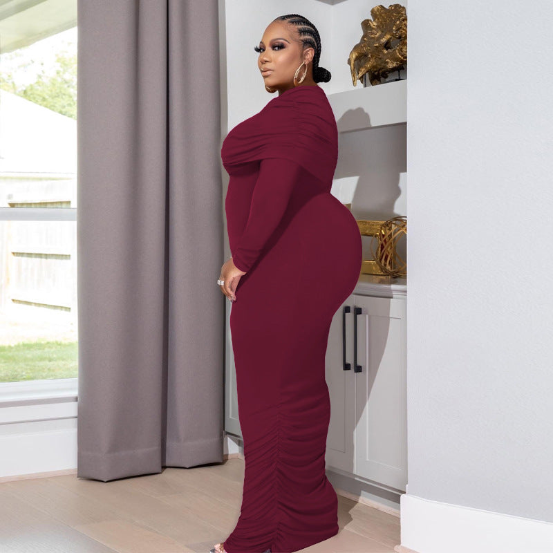 LADIES PLUS SIZE OFF THE SHOULDER DRESS PINK / WINE RED / COFFEE / GREEN (SIZE XL - 5XL)