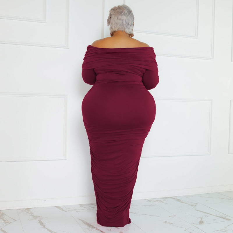 LADIES PLUS SIZE OFF THE SHOULDER DRESS PINK / WINE RED / COFFEE / GREEN (SIZE XL - 5XL)
