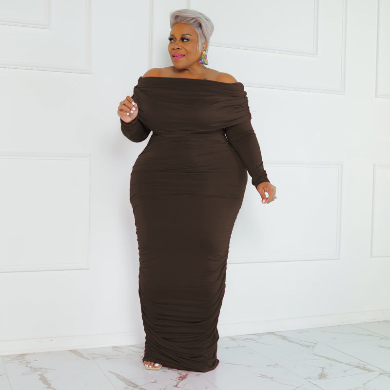 LADIES PLUS SIZE OFF THE SHOULDER DRESS PINK / WINE RED / COFFEE / GREEN (SIZE XL - 5XL)