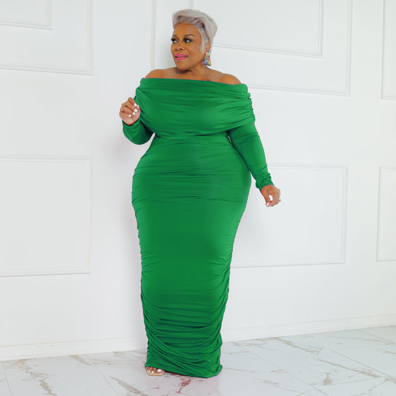 LADIES PLUS SIZE OFF THE SHOULDER DRESS PINK / WINE RED / COFFEE / GREEN (SIZE XL - 5XL)