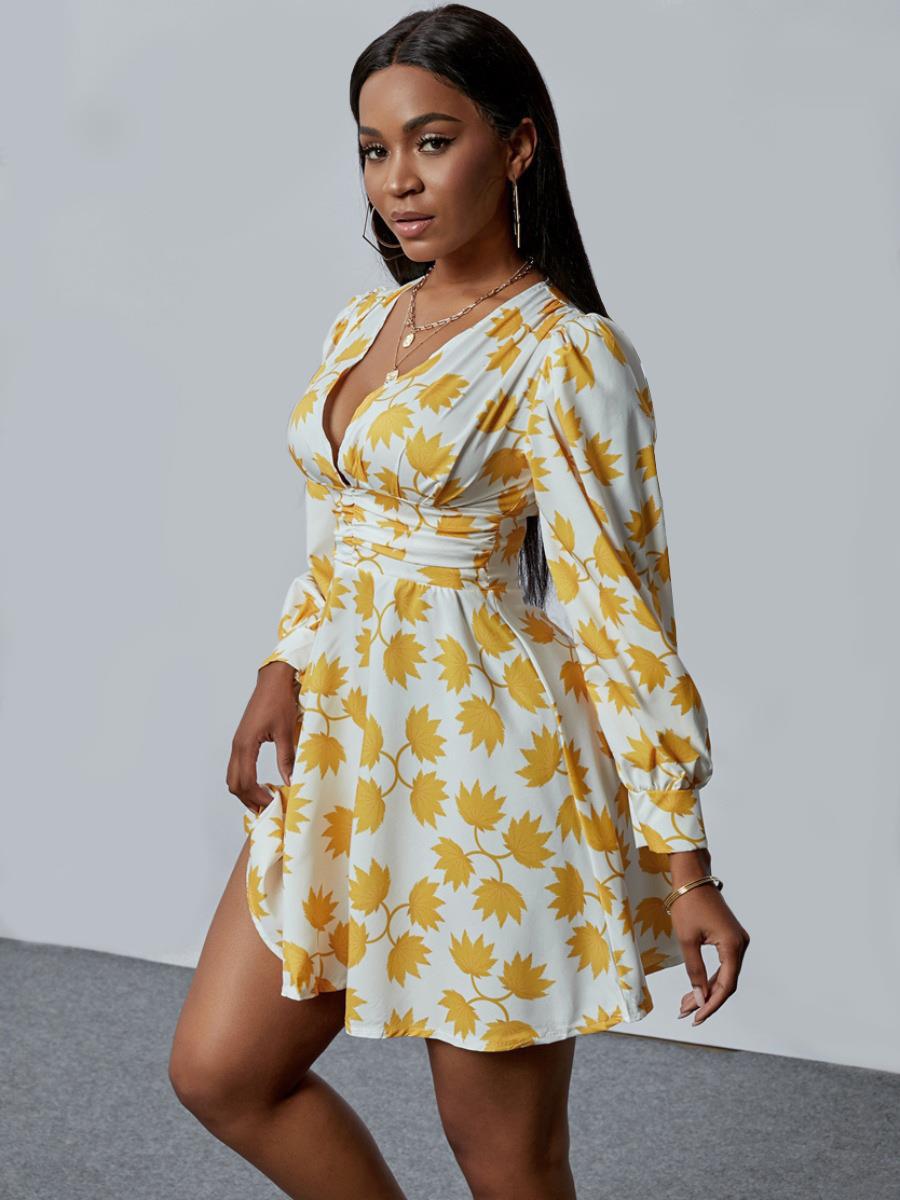 LADIES PLUS SIZE LONG SLEEVE DRESS YELLOW (SIZE XL - 5XL)