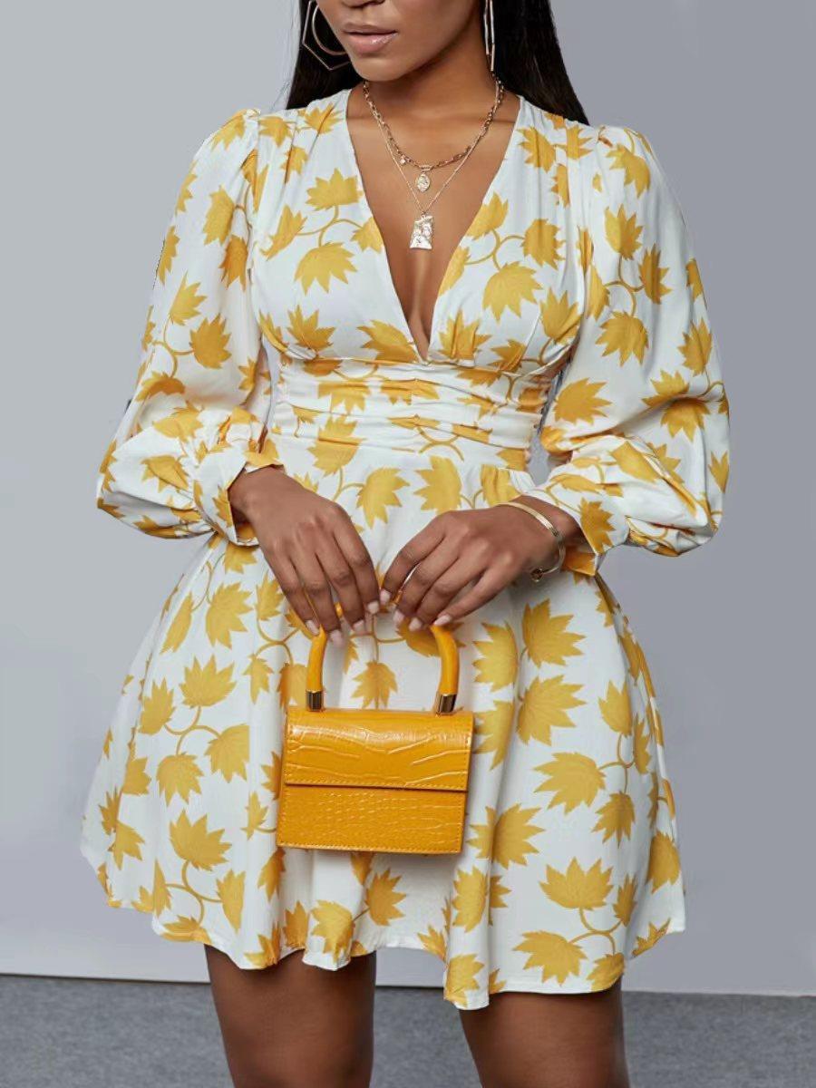 LADIES PLUS SIZE LONG SLEEVE DRESS YELLOW (SIZE XL - 5XL)
