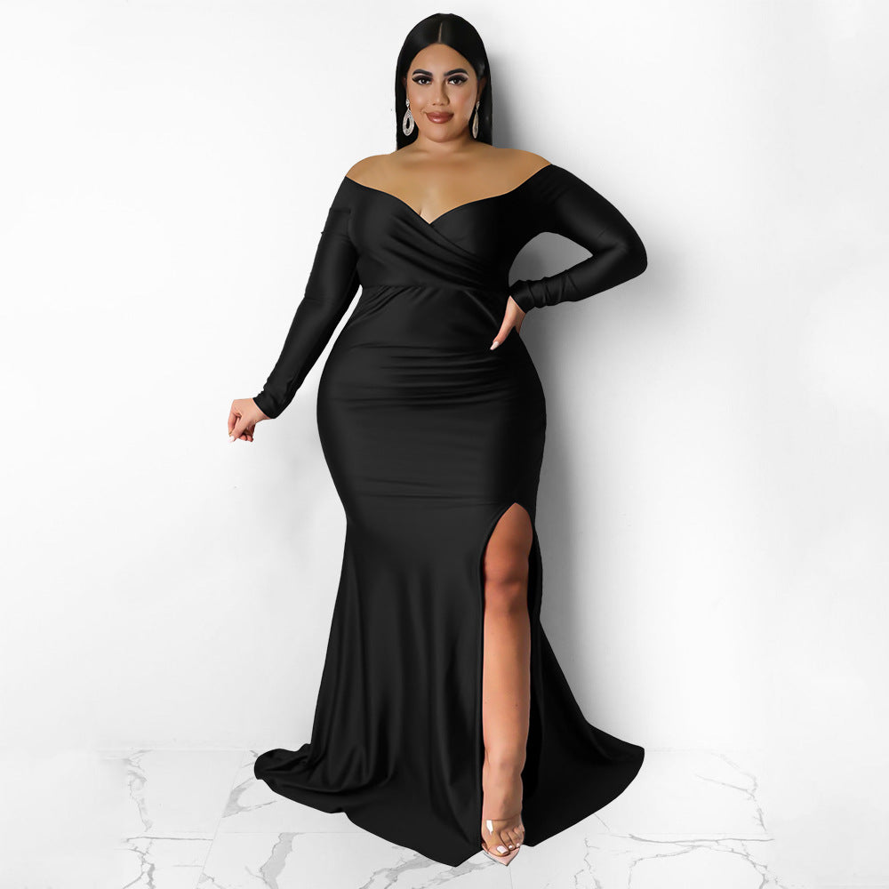 LADIES PLUS SIZE LONG SLEEVE DRESS RED / GREEN / BLUE / BLACK (SIZE L - XL)