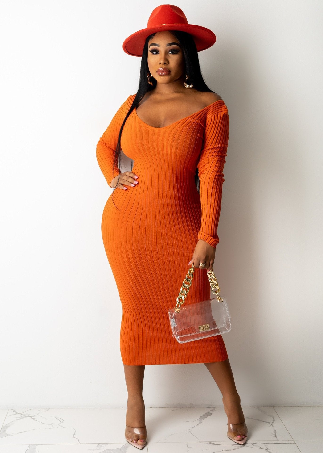 LADIES PLUS SIZE LONG SLEEVE OFF THE SHOULDER DRESS ORANGE (SIZE XL - 5XL)