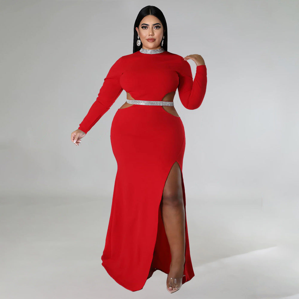 LADIES PLUS SIZE LONG SLEEVE CUT OUT DRESS ORANGE / RED / BLACK / WHITE / BLUE / GREEN (SIZE L - 4XL)