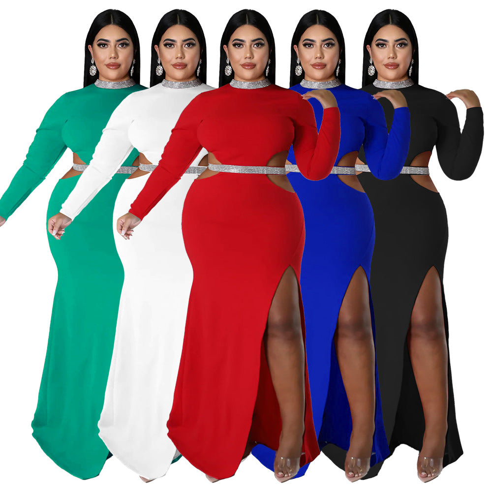 LADIES PLUS SIZE LONG SLEEVE CUT OUT DRESS ORANGE / RED / BLACK / WHITE / BLUE / GREEN (SIZE L - 4XL)