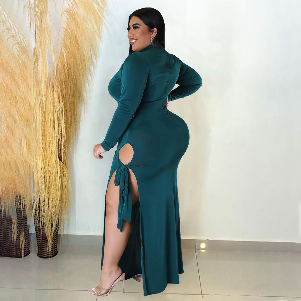LADIES PLUS SIZE LONG SLEEVE DRESS DARK GREEN / BLACK / WHITE (SIZE S - 5XL)