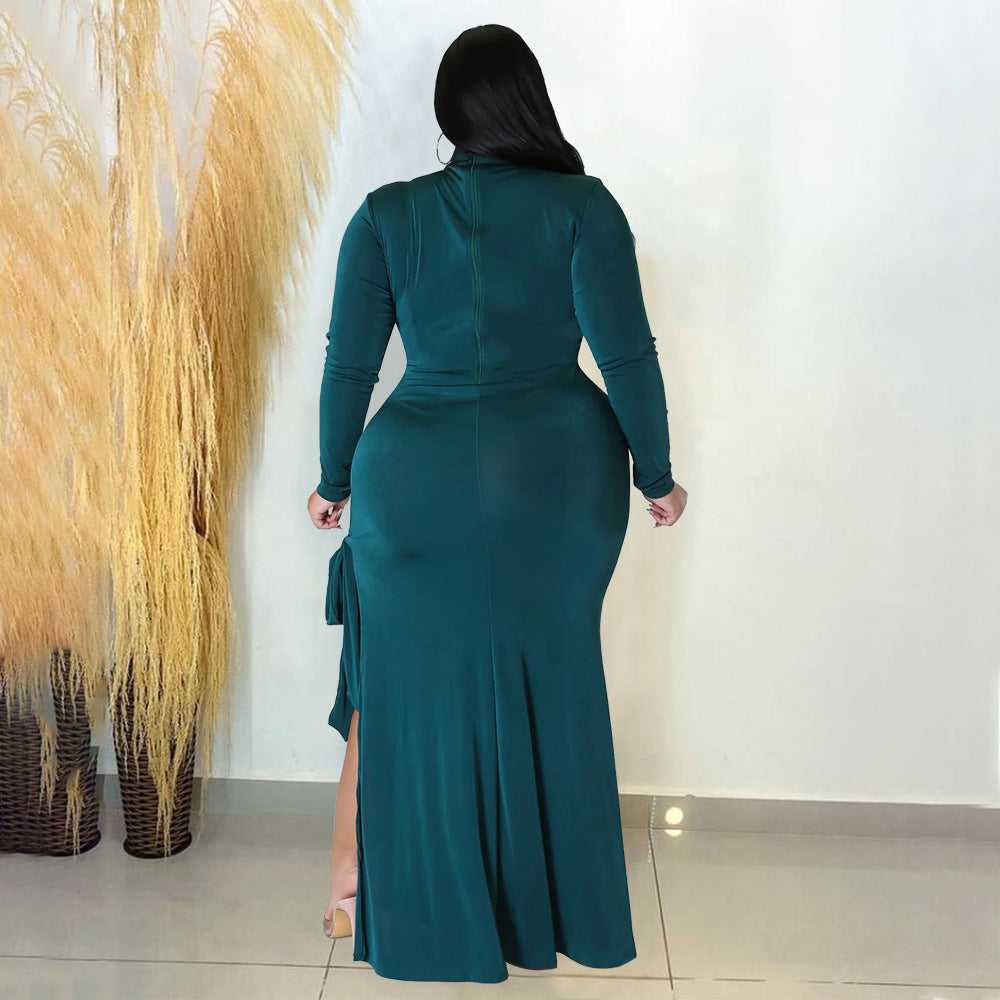 LADIES PLUS SIZE LONG SLEEVE DRESS DARK GREEN / BLACK / WHITE (SIZE S - 5XL)