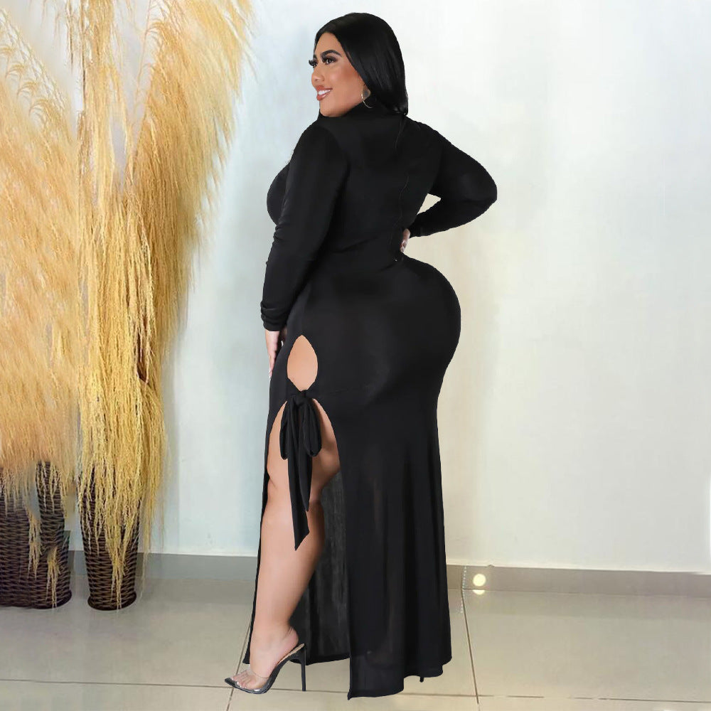 LADIES PLUS SIZE LONG SLEEVE DRESS DARK GREEN / BLACK / WHITE (SIZE S - 5XL)