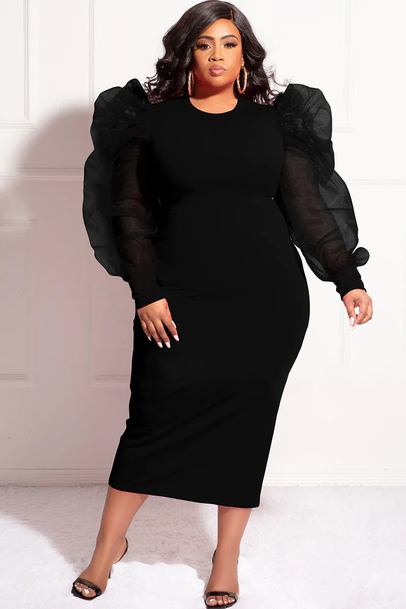 LADIES PLUS SIZE PUFFY SLEEVE LONG DRESS BLACK / BLUE / PINK (SIZE XL - 5XL)