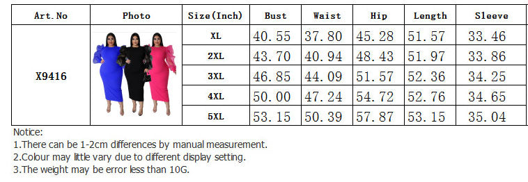LADIES PLUS SIZE PUFFY SLEEVE LONG DRESS BLACK / BLUE / PINK (SIZE XL - 5XL)
