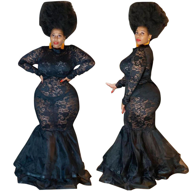 LADIES PLUS SIZE LONG SLEEVE LACE DRESS BLACK / WHITE / RED (SIZE L - 4XL)