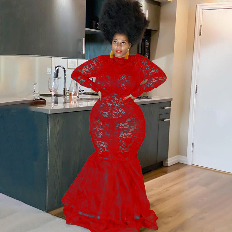 LADIES PLUS SIZE LONG SLEEVE LACE DRESS BLACK / WHITE / RED (SIZE L - 4XL)