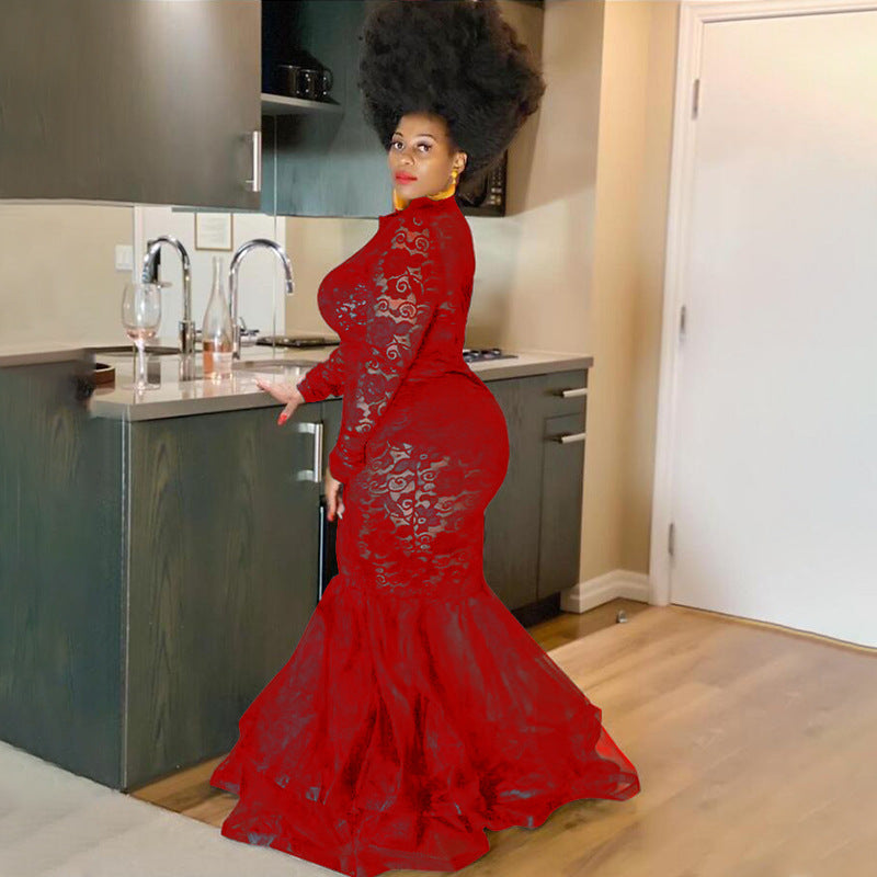 LADIES PLUS SIZE LONG SLEEVE LACE DRESS BLACK / WHITE / RED (SIZE L - 4XL)