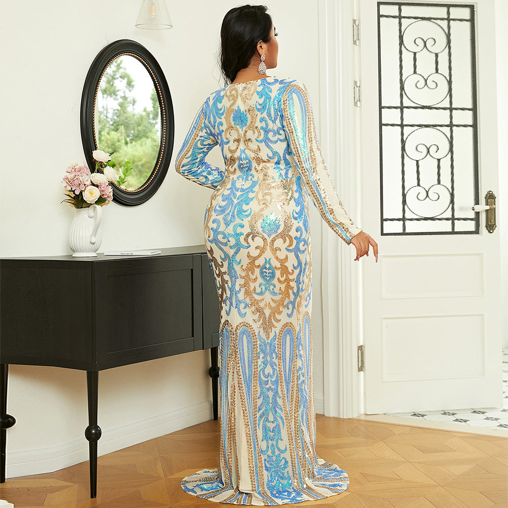 LADIES PLUS SIZE LONG SLEEVE DRESS WHITE BLUE MULTI (SIZE XL - 4XL)