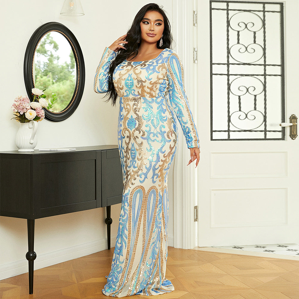 LADIES PLUS SIZE LONG SLEEVE DRESS WHITE BLUE MULTI (SIZE XL - 4XL)
