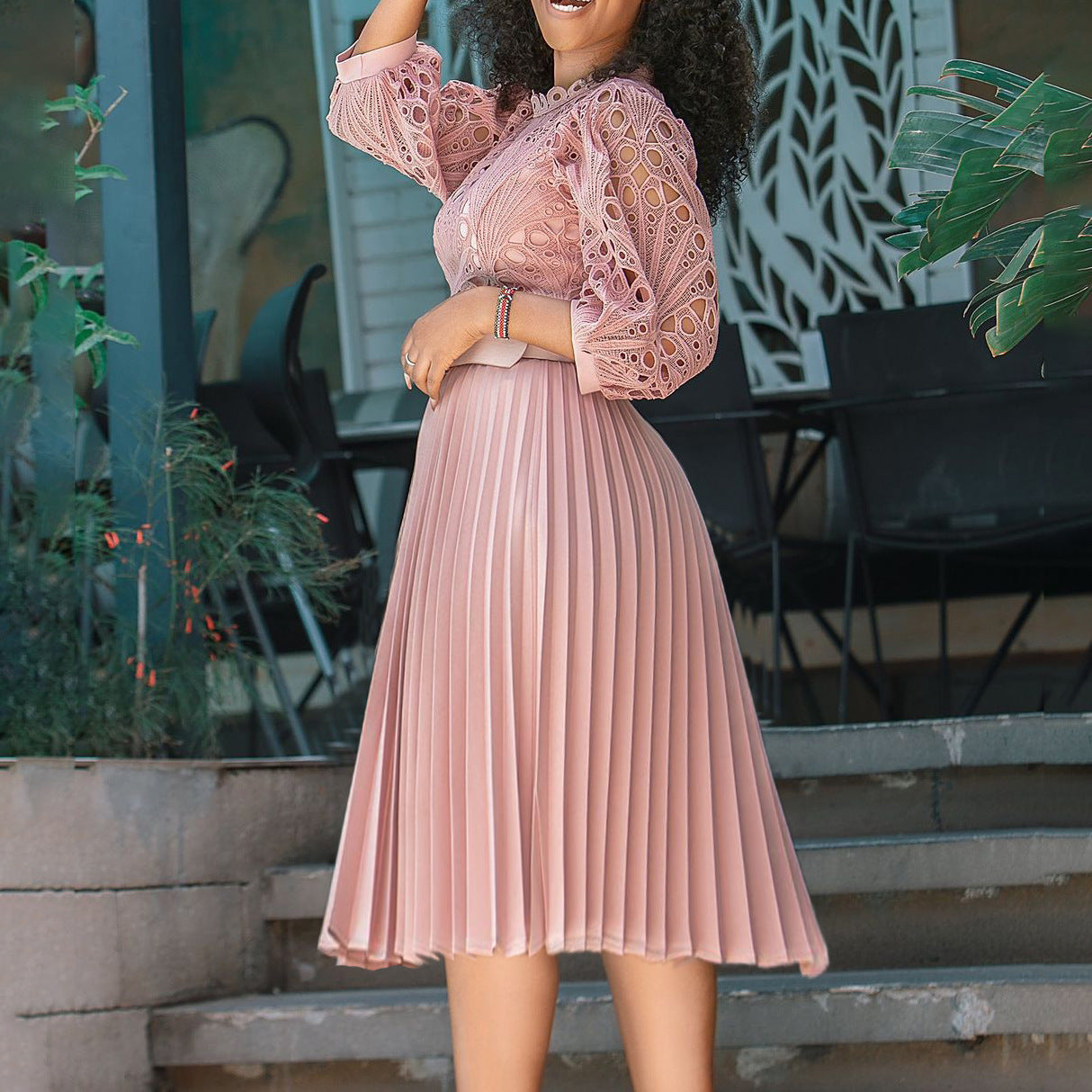 LADIES PLUS SIZE LONG SLEEVE DRESS WHITE / PINK / BLACK / BRIGHT PINK (SIZE S - 3XL)