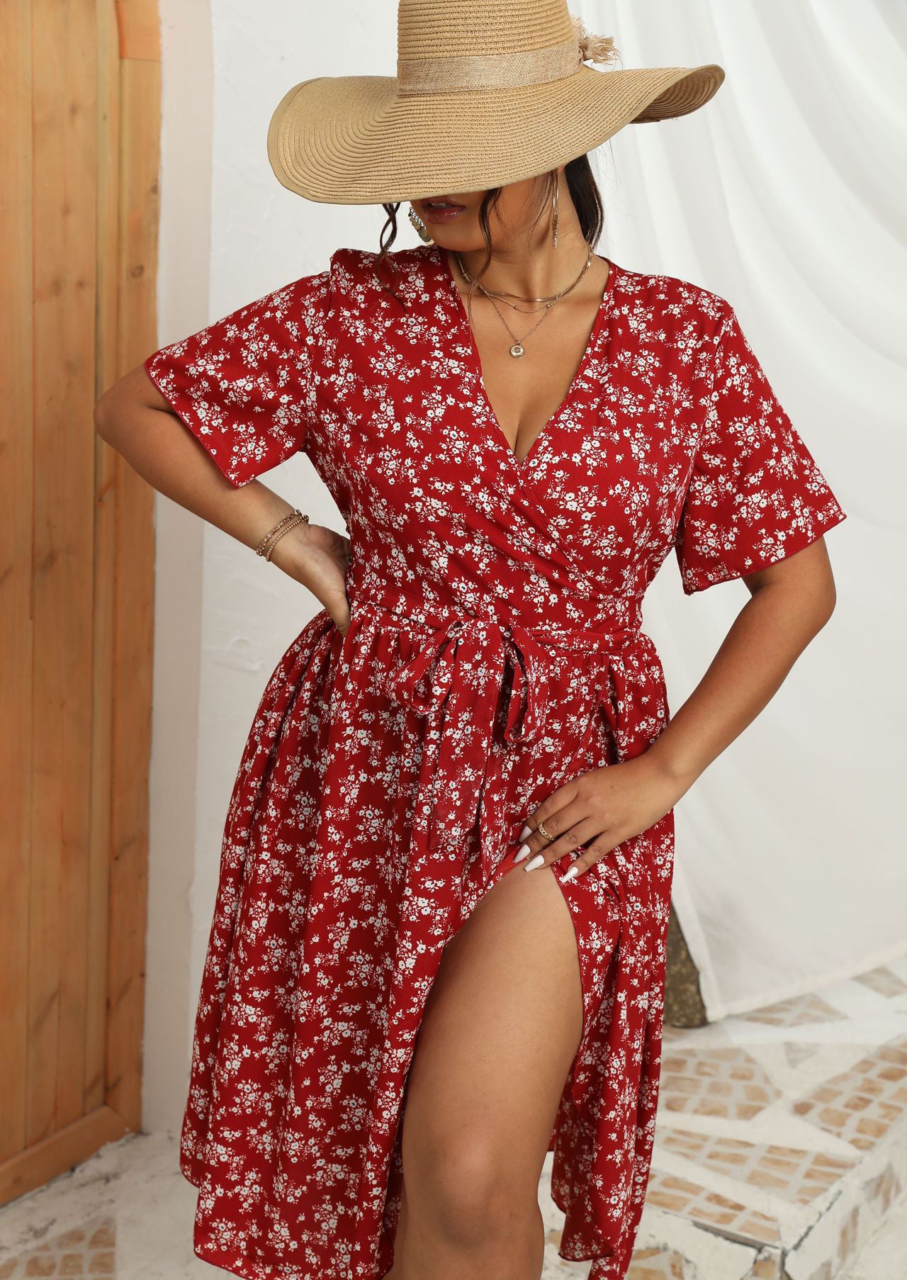 LADIES PLUS SIZE SHORT SLEEVE DRESS RED (SIZE L - 4XL)