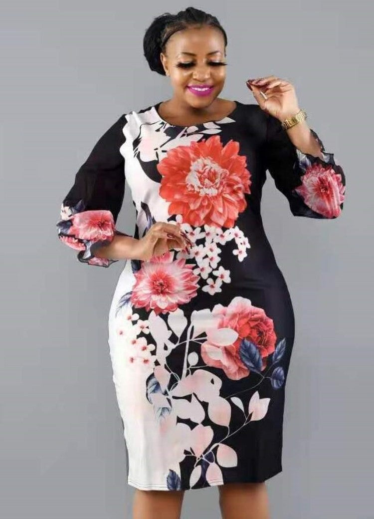 LADIES PLUS SIZE PRINTED DRESS BLACK / ORANGE / PINK (SIZE 2XL - 6XL)