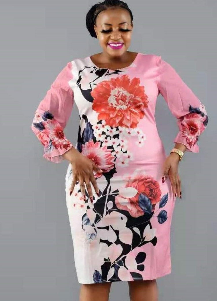 LADIES PLUS SIZE PRINTED DRESS BLACK / ORANGE / PINK (SIZE 2XL - 6XL)