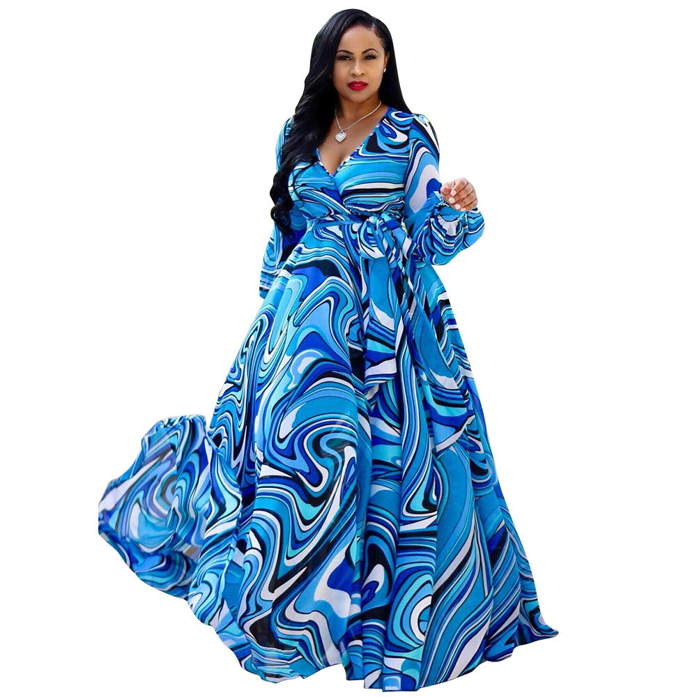 LADIES PLUS SIZE LONG SLEEVE DRESS BLUE / PINK (SIZE XL - 5XL)