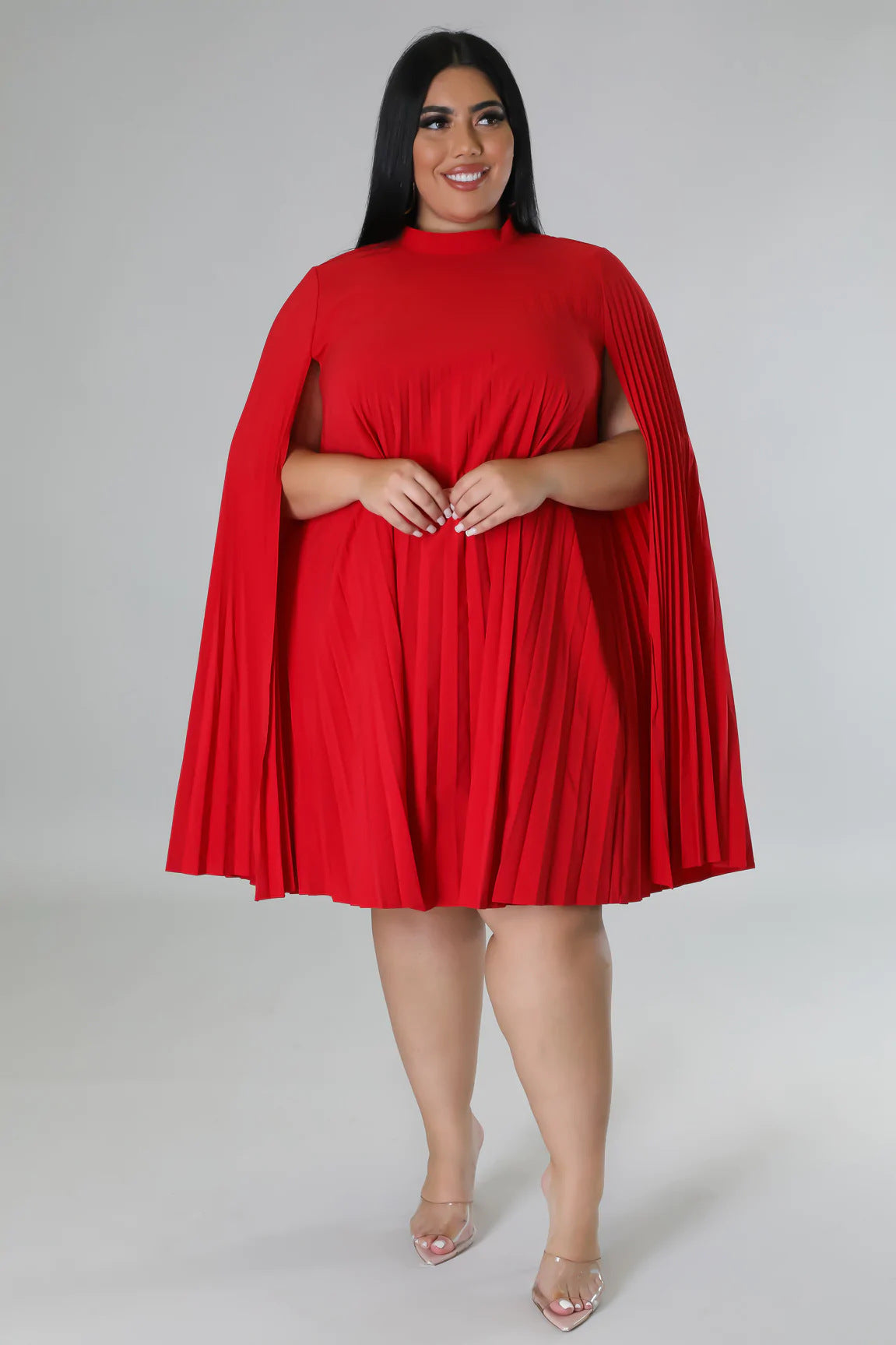 LADIES PLUS SIZE PLEATED DRESS WHITE / RED / BLACK (SIZE XL - 5XL)