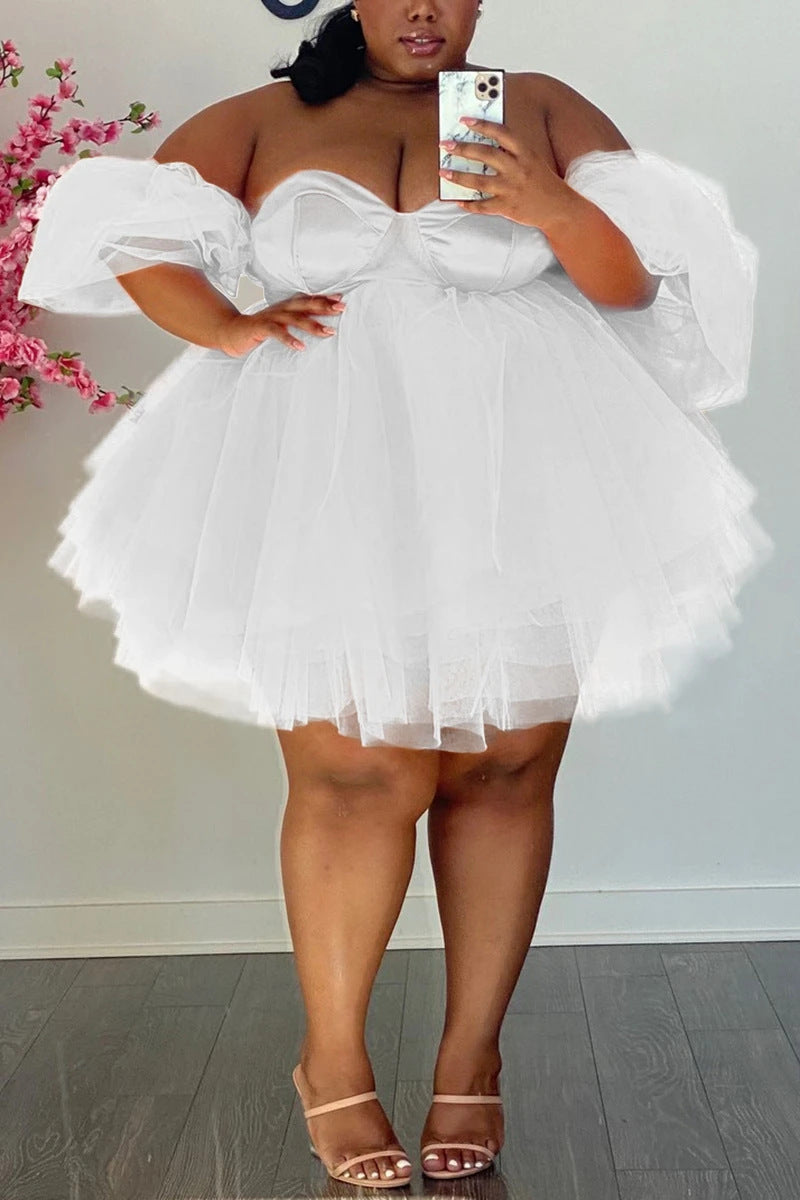 LADIES PLUS SIZE SHORT DRESS WHITE / BLACK / ORANGE (SIZE L - 5XL)