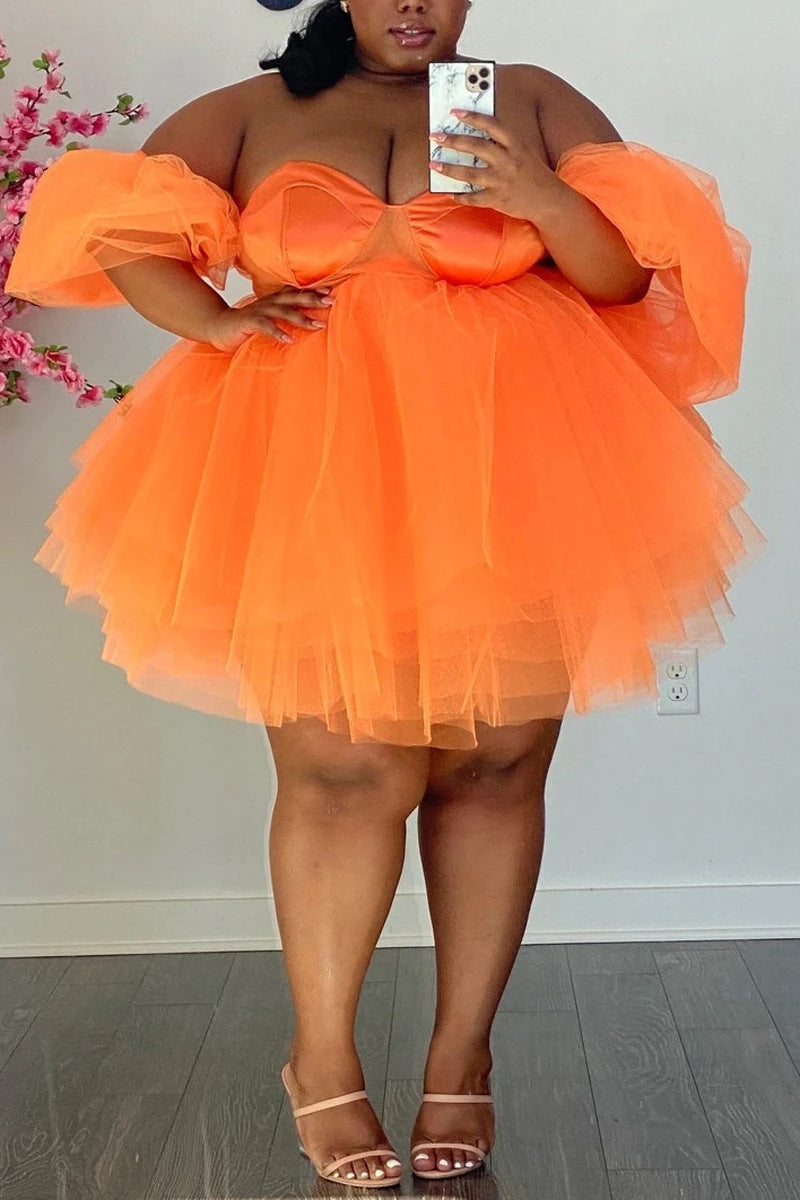 LADIES PLUS SIZE SHORT DRESS WHITE / BLACK / ORANGE (SIZE L - 5XL)