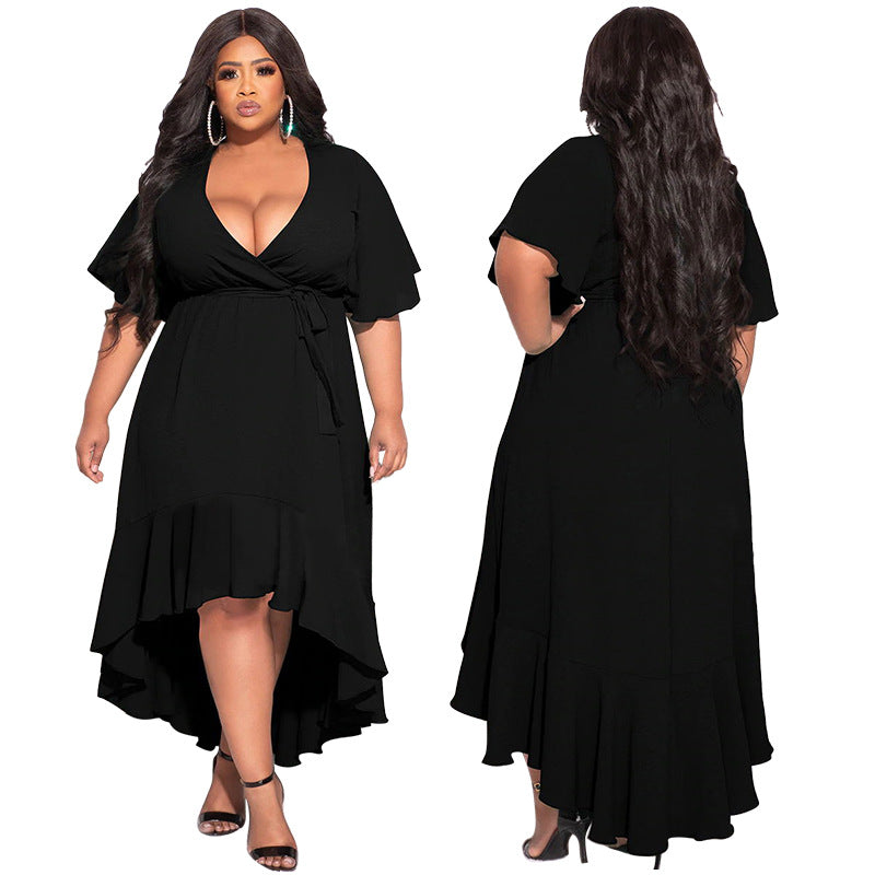 LADIES PLUS SIZE SHORT SLEEVE DRESS WHITE / BLACK / BLUE / ORANGE (SIZE L - 5XL)