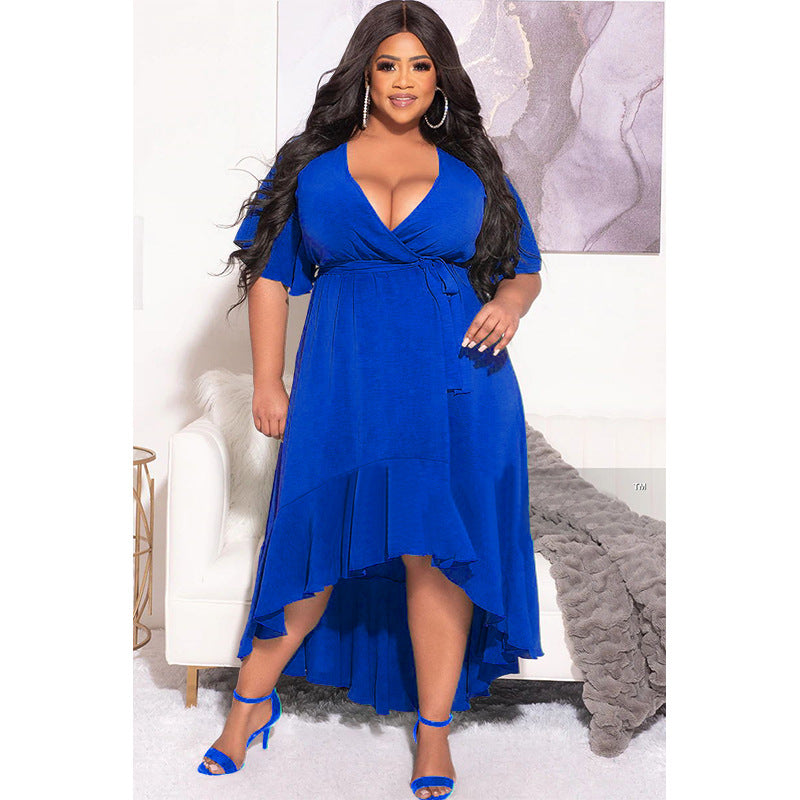 LADIES PLUS SIZE SHORT SLEEVE DRESS WHITE / BLACK / BLUE / ORANGE (SIZE L - 5XL)