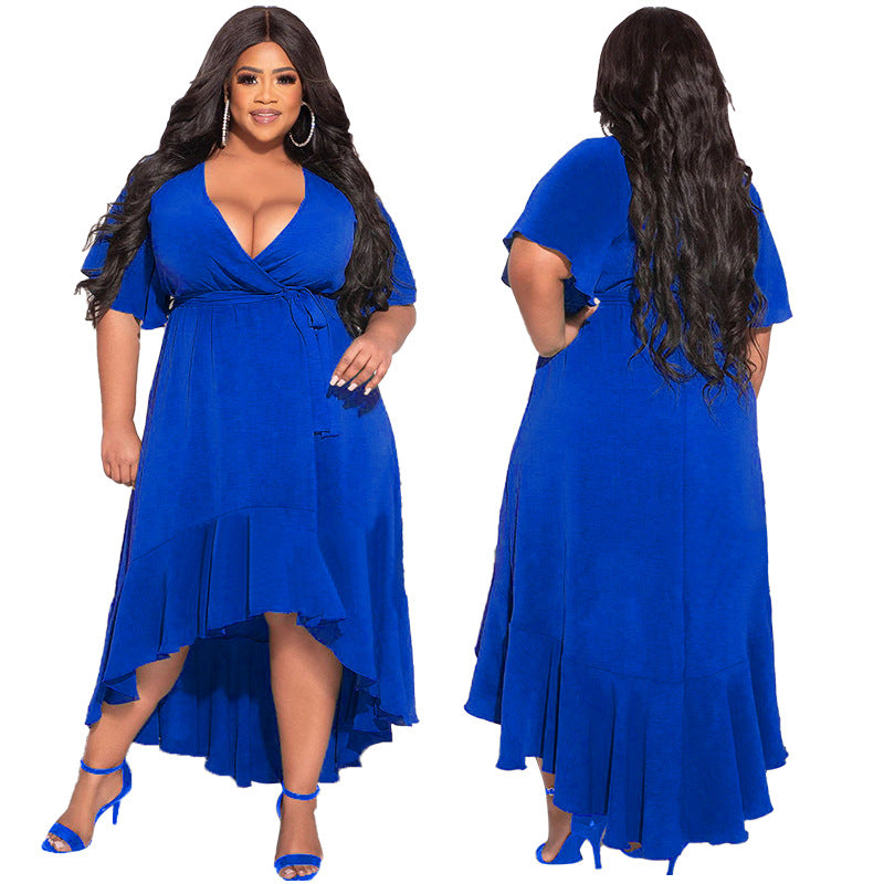 LADIES PLUS SIZE SHORT SLEEVE DRESS WHITE / BLACK / BLUE / ORANGE (SIZE L - 5XL)