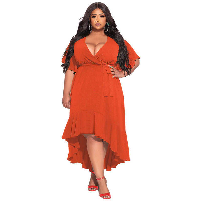 LADIES PLUS SIZE SHORT SLEEVE DRESS WHITE / BLACK / BLUE / ORANGE (SIZE L - 5XL)