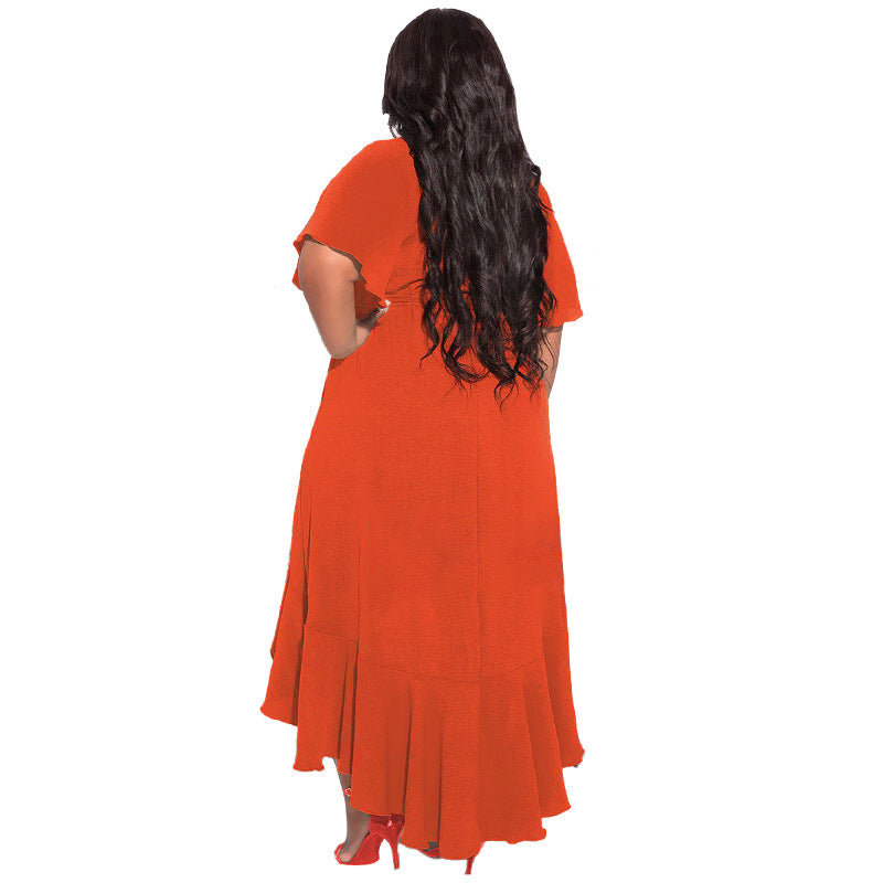 LADIES PLUS SIZE SHORT SLEEVE DRESS WHITE / BLACK / BLUE / ORANGE (SIZE L - 5XL)
