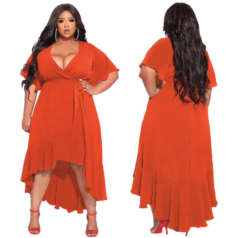 LADIES PLUS SIZE SHORT SLEEVE DRESS WHITE / BLACK / BLUE / ORANGE (SIZE L - 5XL)